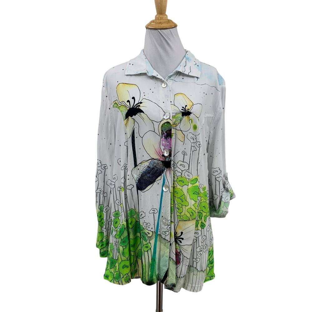 Dolcezza Simply Art Blouse Women Large White Tab Sleeve Watercolor Wearable Art